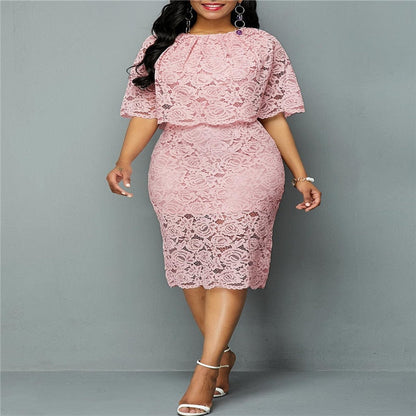 vmtvr 5XL 6XL Women Summer Autumn  Dress Elegant  Pink Lace Dress Female  Evening Party Dresses Vestido Oversized