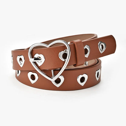 Women Belt Fashion Leather Punk Belt With Adjustable Love Heart Holes Luxury Designer Buckle Belt For Dress Jeans Cool