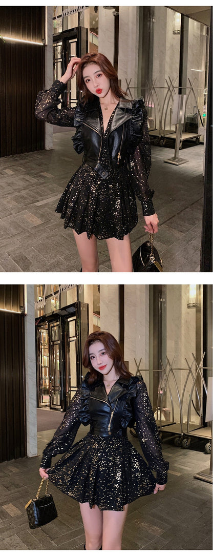 vmtvr - Fashion Korean 2 Piece Outfit Women Y2K Chic Casual Sexy Zipper Vest Tank Coat Sparkly Gold Print Mini Dress Slim Party Club Set