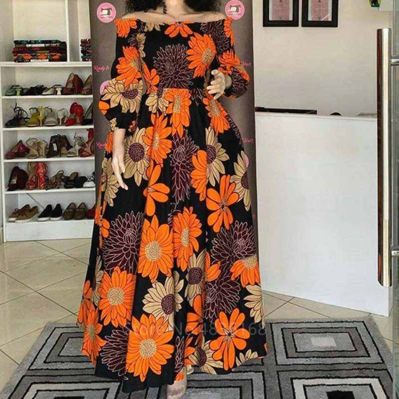 vmtvr African National Print Party Dress Women Casual Sexy Slash-neck Lady Maxi Dress New Vintage Long-sleeved Loose Elegant Dress