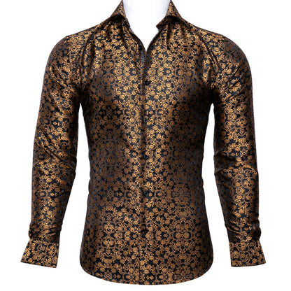 Luxury Red Paisley Silk Shirts Men Long Sleeve Casual Flower Shirts For Men Designer Fit Dress Shirt