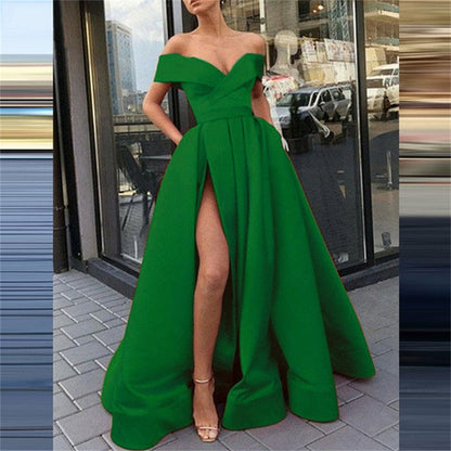 Women Sexy V Neck Long Party Dress Solid Elegant Sleeveless High Slit Dress Lady Fashion Off Shoulder Pleated Maxi Dress Vestido