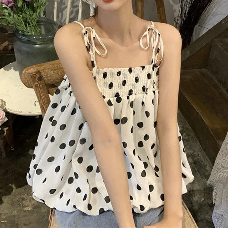 vmtvr Polka Dot Tanks Camis Women Summer Casual Folds Backless Design Korean Chic Tops Female French Chiffon Short Party Clothing