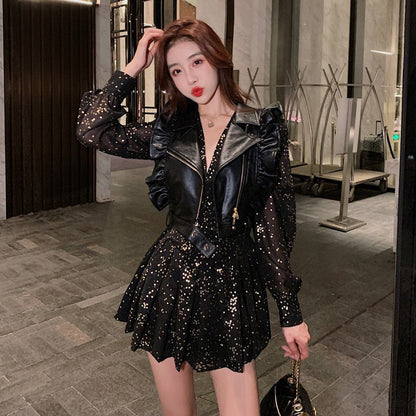 vmtvr - Fashion Korean 2 Piece Outfit Women Y2K Chic Casual Sexy Zipper Vest Tank Coat Sparkly Gold Print Mini Dress Slim Party Club Set