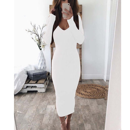 Women V-Neck Long Sleeve Knitted Ribbed Maxi Dress Spring Autumn New Solid Color Caual Slim Bodycon Robe Pencil Party Vestidos