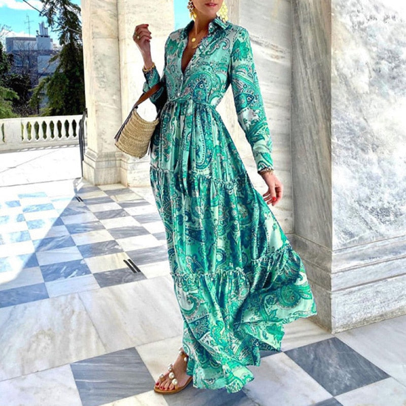 Summer Loose Boho Maxi Beach Dress Sexy Turn-down Collar Button Long Shirt Dress Women Spring Floral Print Pleated Party Dresses