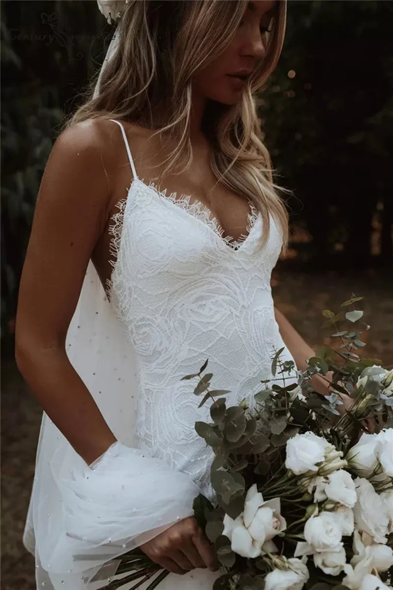 vmtvr - Boho Mermaid Wedding Dresses Spaghetti Straps  Lace Backless Beach Sexy V-Neck Bohemian Bridal Gowns Elegant Vestidos De Noiva