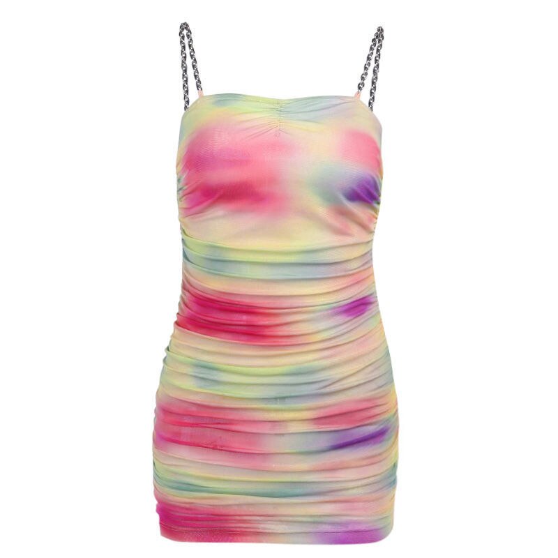 vmtvr - Chain Strap Patchwork Short Mini Dress Women Clubwear Sexy Lady Tie Dyeing Print Bodycon Slim Summer Beach Party Dress