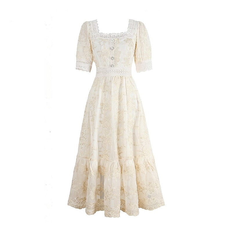 Sweet Soft Girl A Line Dress Summer Lace Embroidery Button Decor Party Dresses Casual Street Boho Vestidos Midi Feminino