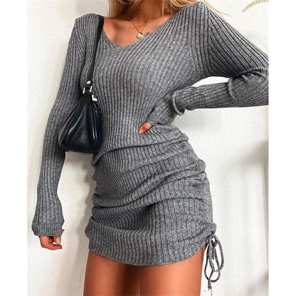 Winter Party Dresses For Women Women&#39;s Dress Knitted Drawstring Sexy Mini Dress Autumn Winter Elegant Fashion V-Neck Long Sleeve Bodycon Party Dresses Female