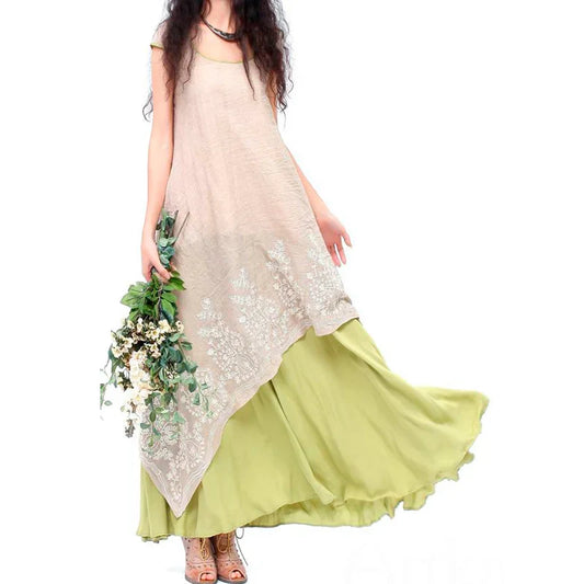 Size 7XL 110kg Women Long Dress Vintage Cotton Linen Embroidery Beach Dress Short Sleeve O Neck Big Size Women Clothing