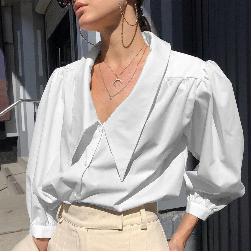 -Women High Street Fashion Shirts Vintage Puff Sleeve Turn Down Collar White Shirt  New Fashion Spring Summer Elegant Tops