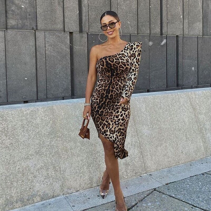 vmtvr - Elegant Leopard One Shoulder Bodycon Dress Women Pencil Slim Skinny Tight Shoulder Pads Formal Splited on Sale Clothing