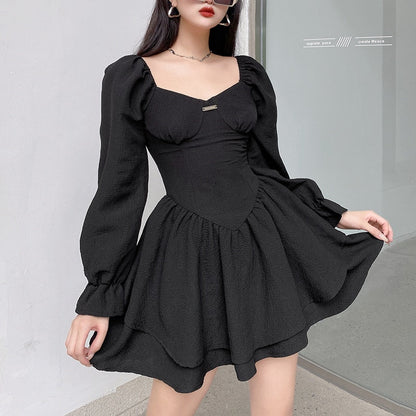 vmtvr - Fashion Elegant Puff Sleeve Black Dress Women Corset Autumn Pleated Sexy Party Dress Mini Double Layer Ruched Clothes