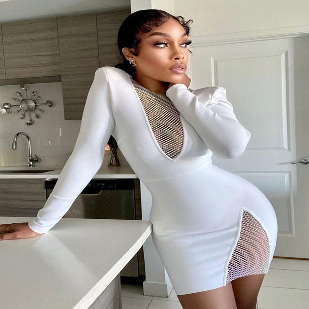 vmtvr -  New Summer New Women&#39;s Sexy V-neck Mesh Diamond Long Sleeve Bodycon Bandage Dress Fashion Celebrity Party Dress vestido