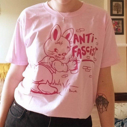 - Women Summer  Dreamchase-JF Anti Fascist Funny Rabbit Printed Women Graphic Tshirt Short Sleeve Cotton Cute Tees Loose Pacifist Casual Shirts