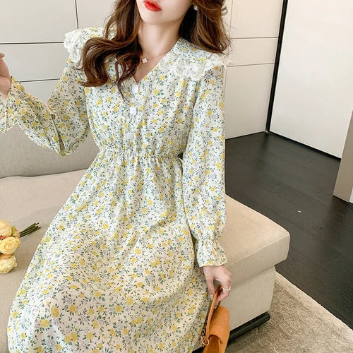 vmtvr 2024 Spring Autumn Vintge Floral Chiffon Midi Dress Women New Korean Light Casual Beach Sundress Elegant Bodycon Party Vestidos