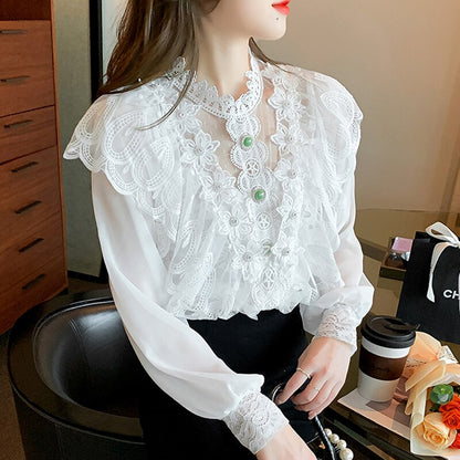 - Spring Fashion Embroidered Blouse Beaded Flower Chiffon Shirt Women's Sweet Long-Sleeved Stand-Up Collar Ruffled Lace Shirt