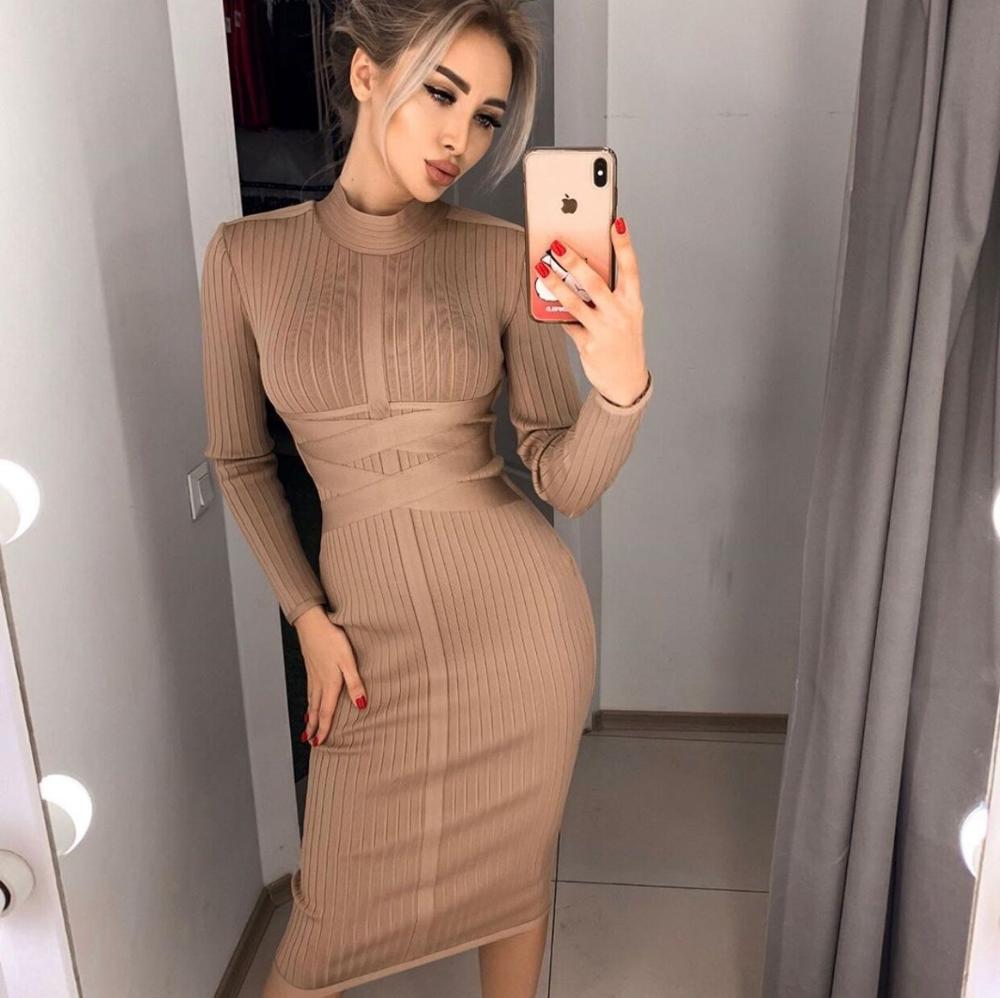 vmtvr Bodycon Dress Rayon High Quality Turtleneck Long Sleeve Lace Up Bandage Dress Ribbed Knee-Length Sexy Vestidos Dobanmbd