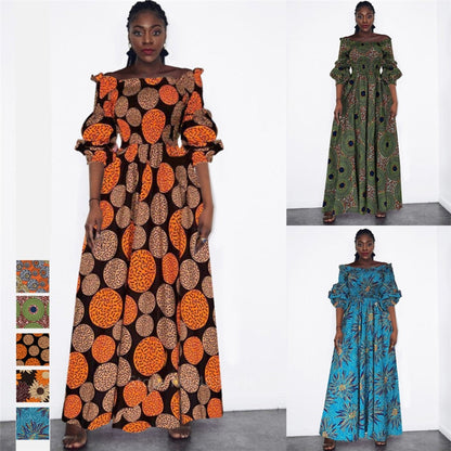 vmtvr African National Print Party Dress Women Casual Sexy Slash-neck Lady Maxi Dress New Vintage Long-sleeved Loose Elegant Dress