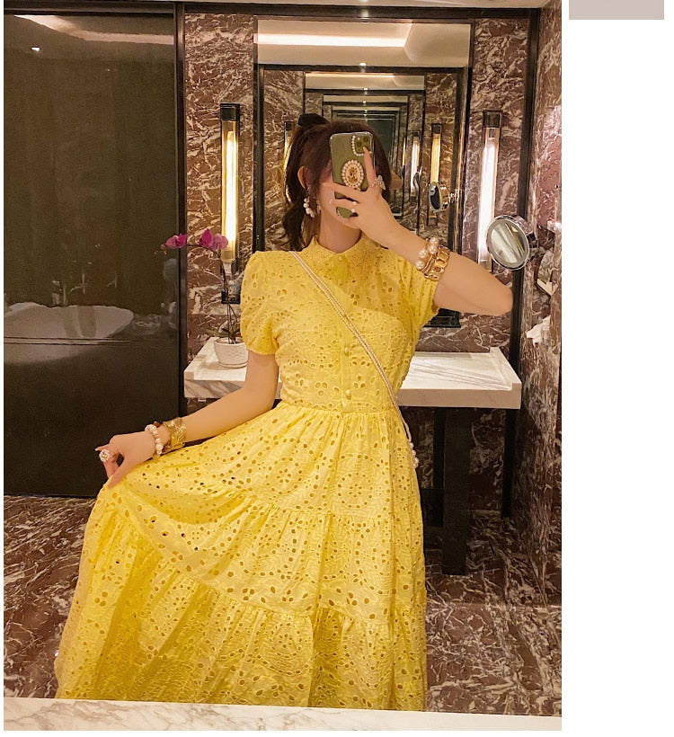 Vintage Elegant Women Summer Embroidery Hollow Out Midi Long Dresses Lady Boho A Line Vestidos Elbise Frocks Vestidos Za