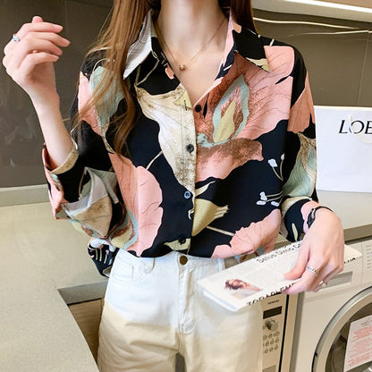 -Spring/Summer Shirt Women Korean Style Elegant Long-Sleeved Blouse Chiffon V-Neck Single-Breasted Office Ladies Fashion Clothing