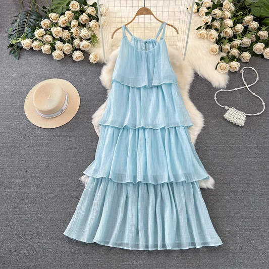 - Blue A-line Dress Seaside Vacation Beach Dress  GEU989