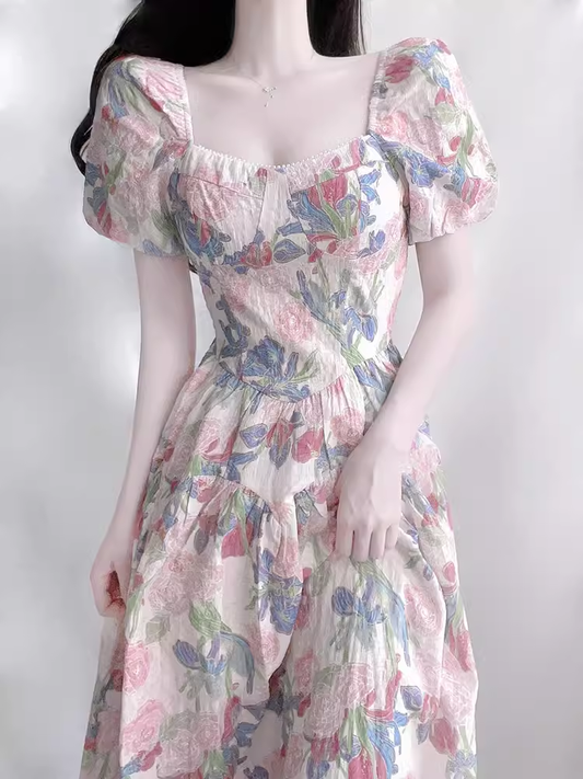 - French oil painting floral dress women's summer GEU1062