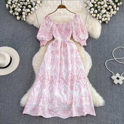 - Retro square neck puff short-sleeved hollow embroidered A-line dress GEU829