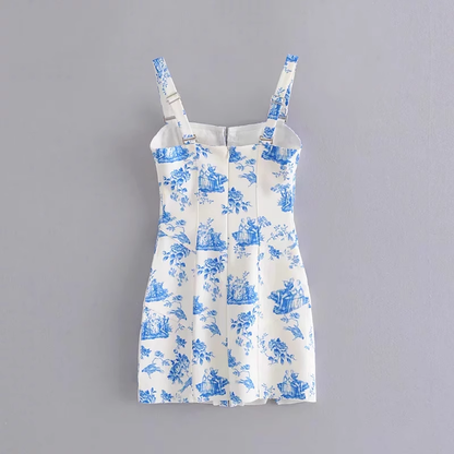 - Retro printed blue and white porcelain hook buckle detachable suspender dress GEU1369