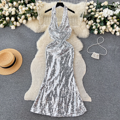 - Halterneck open back sequined mermaid dress GEU792