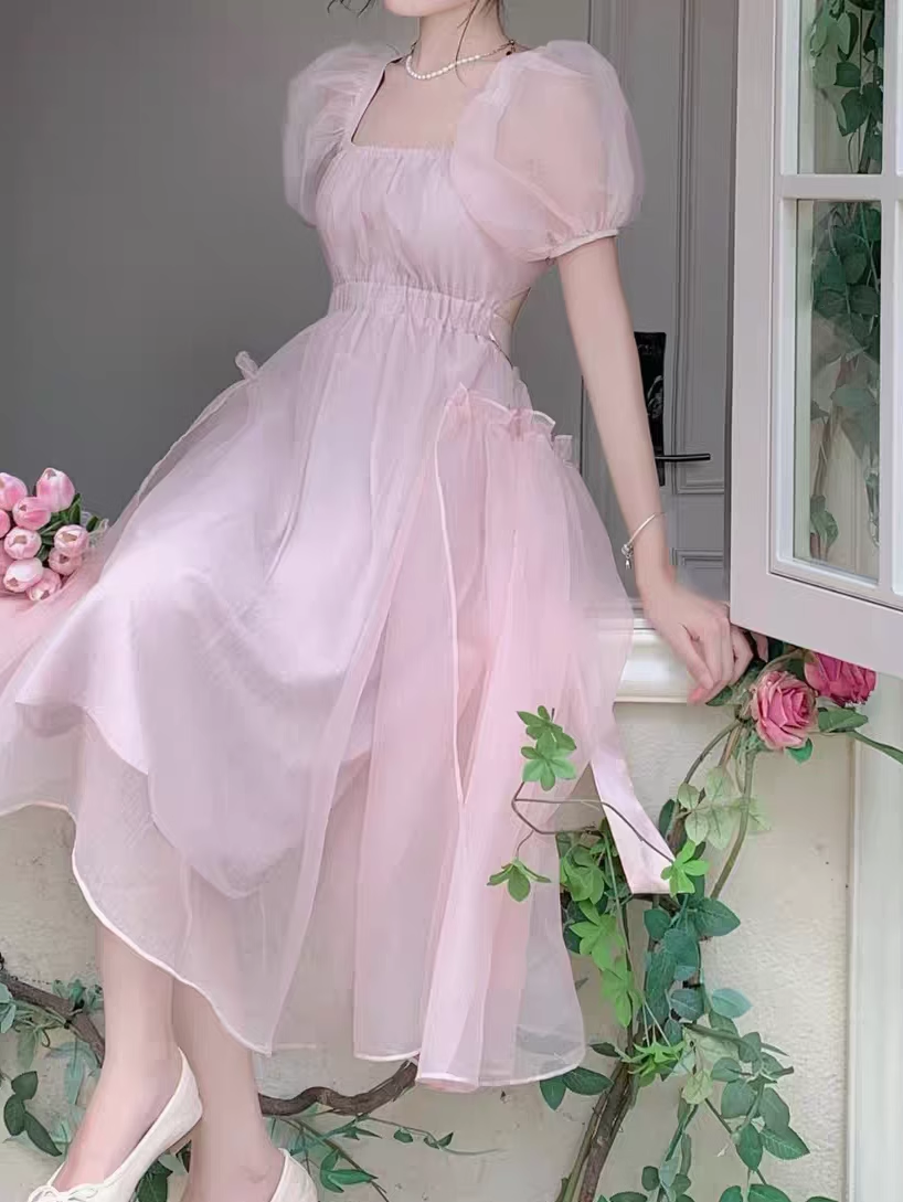 - Pink backless dress for women summer puff sleeve long dress GEU1503