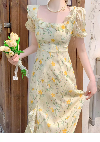 - Beach vacation yellow floral puff sleeve dress for women summer  GEU1132