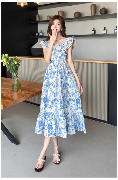 - Women's summer blue oil painting floral dress GEU1159