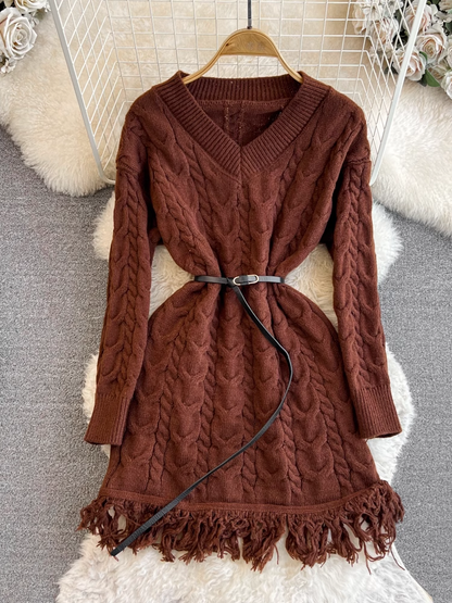 - Long-sleeved V-neck waist slimming mid-length A-line fringed knitted sweater dress GEU854