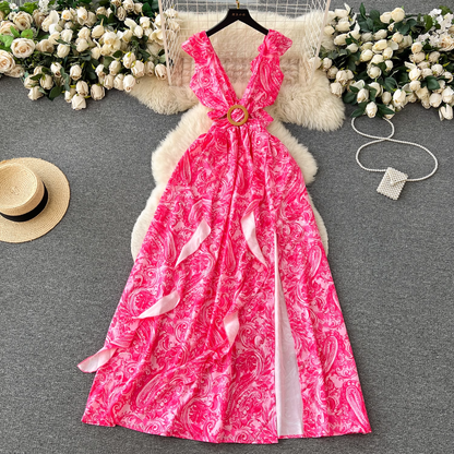 - Women's summer floral suspender dress with ruffled slit GEU451