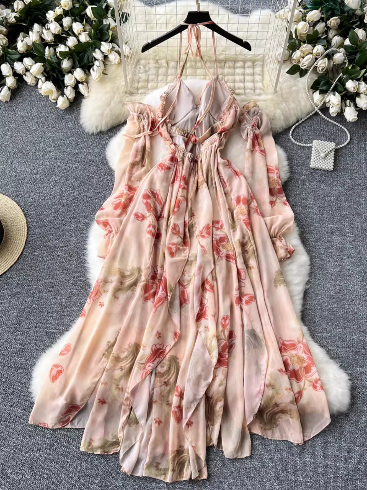 - Irregular ruffled printed chiffon dress  GEU1468