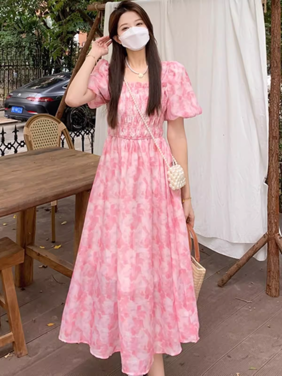 - Pink Square Neck Floral Chiffon Dress GEU1548