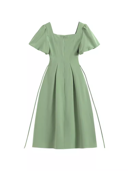 - Green square neck bow dress GEU1553