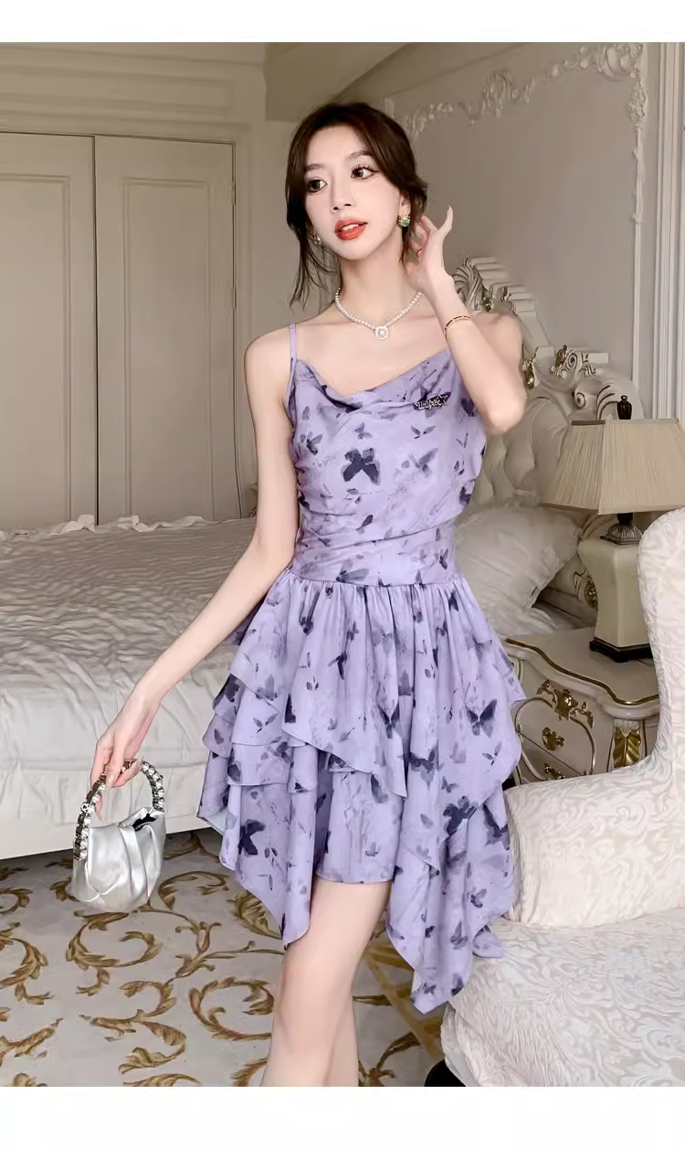 - Purple butterfly print slip dress GEU1351