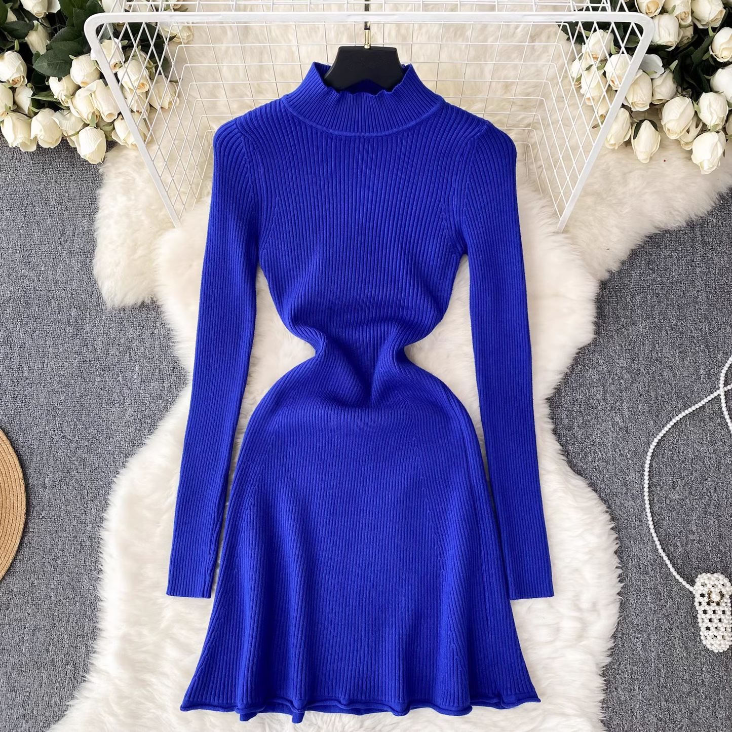 vmtvr- Solid color knitted dress women's autumn and winter half turtleneck tight dress GEU514