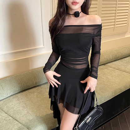 - Black sexy off the shoulder see-through dress GEU1067