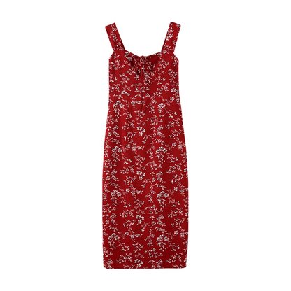 - Red Floral Suspender Dress Women's Slim Slit Dress GEU471