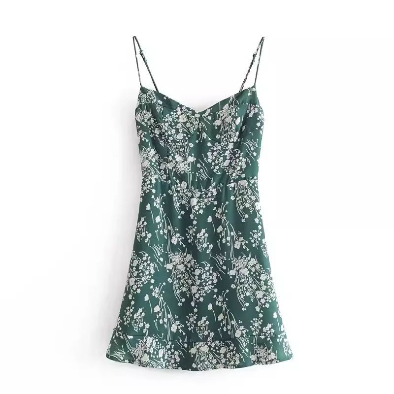 - Green floral suspender A-line dress  GEU1301