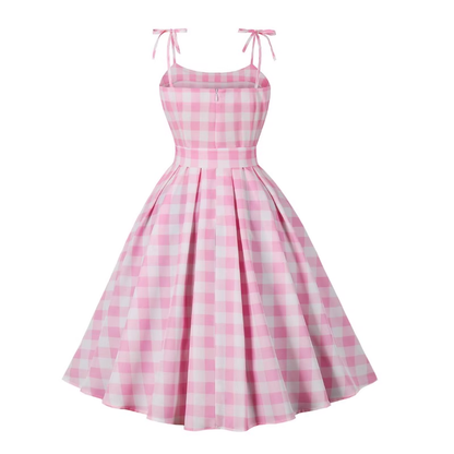 vmtvr- Summer Student Sweet Barbie Pink Plaid Bow Swing Dress GEU485