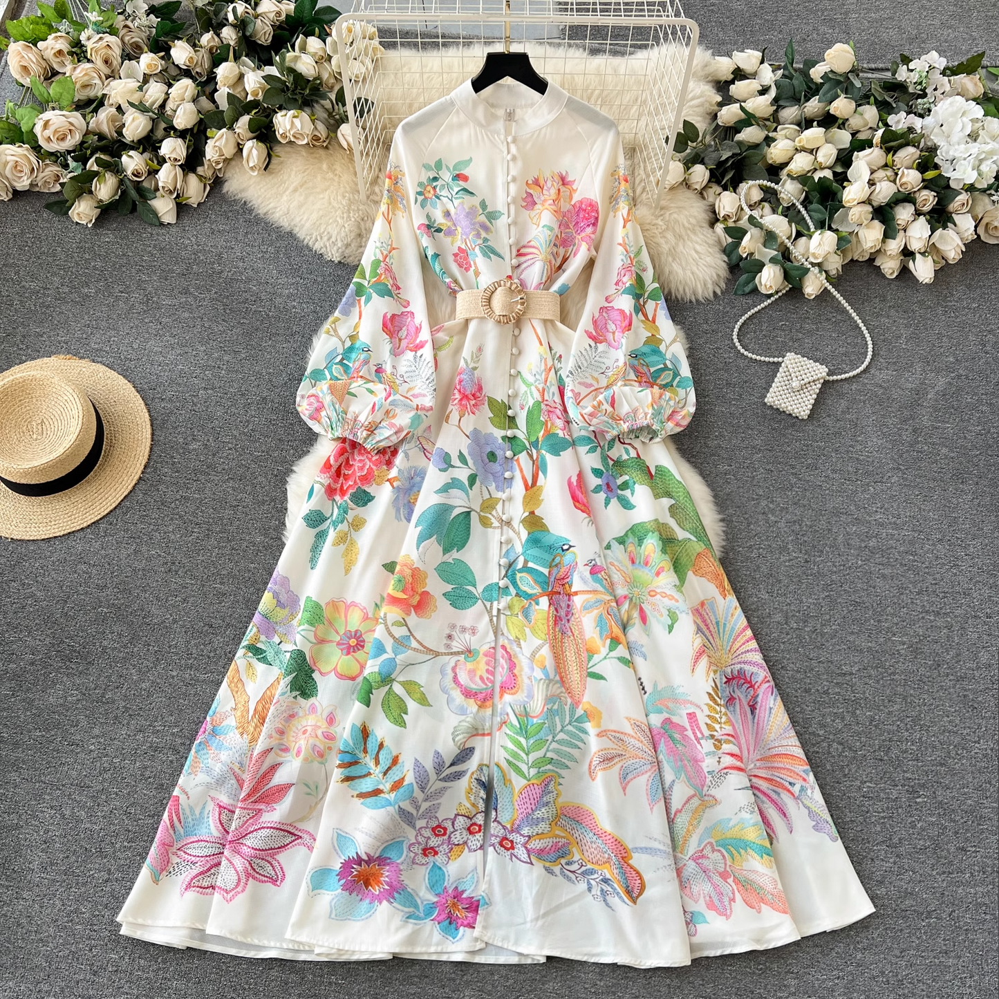 - Elegant printed puff sleeve dress GEU1174