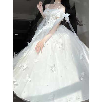 vmtvr dresses Evening Dress New White Summer Wind Chimes Spring and Summer White Moonlight Feeling Stairs Butterfly Theme Fairy Fairy Fairy Skirt