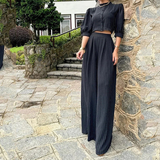 vmtvr 2000s fashion 2024 Women's Suit Summer Casual Striped Top Pants Two-Piece Black