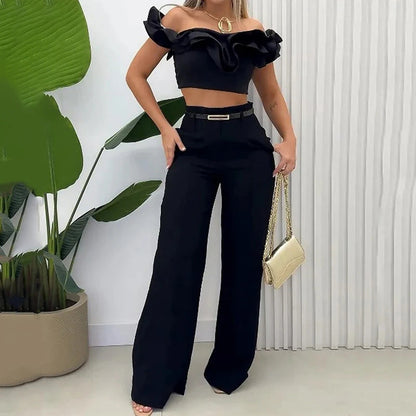 vmtvr y2k outfits 2024 Summer New Women's Clothing Solid Color off-the-Neck Navel Top Sweet and Spicy Style Two-Piece Set