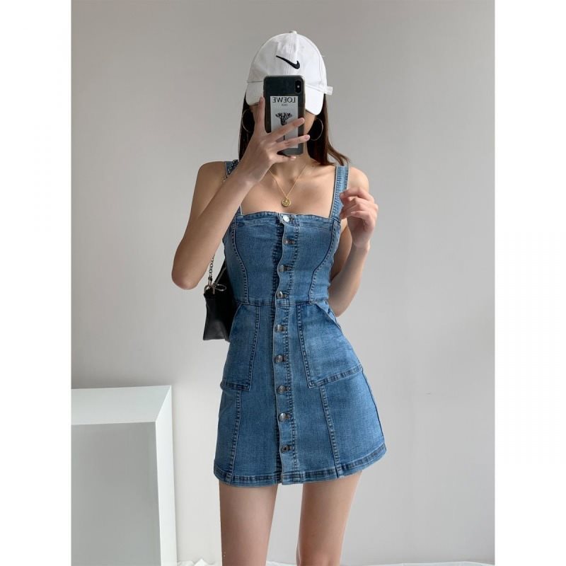 vmtvr dress to impress outfits Style Ins Retro Denim Dress Women's Summer Slimming Suspender Skirt Sexy Tight Waist Suspender Hip Skirt Fashion